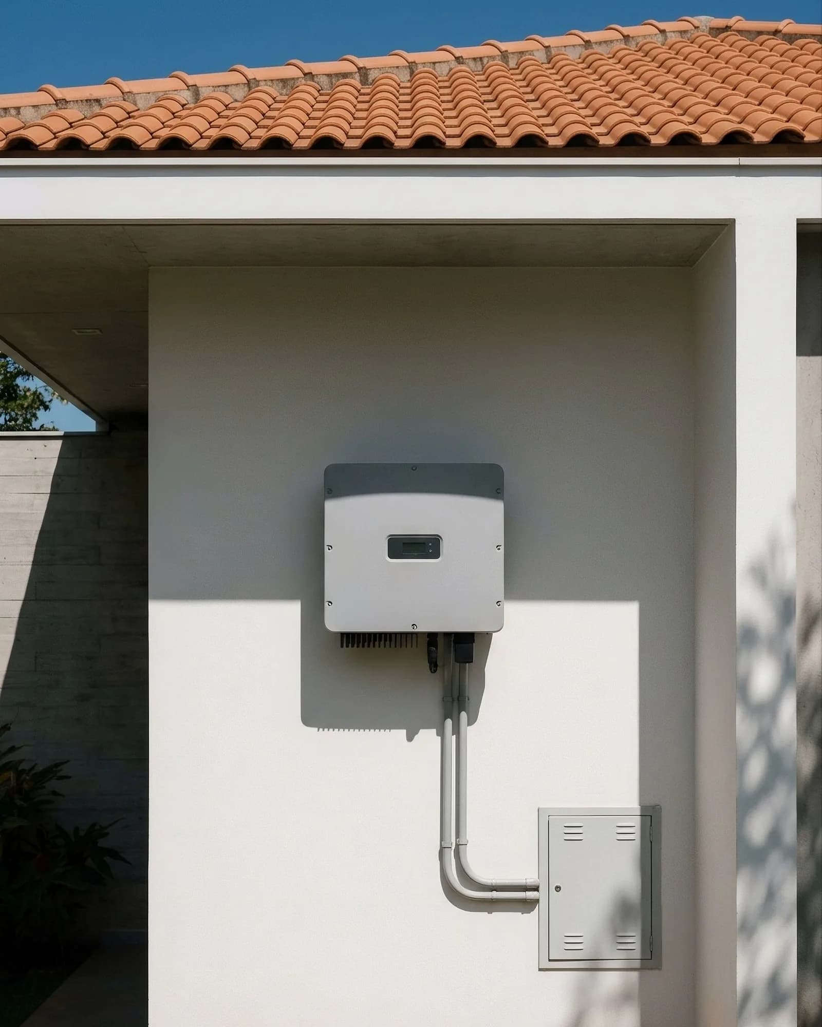 Inversor instalado em parede de reboco branco sob o beiral, com o conduíte descendo reto até o quadro.