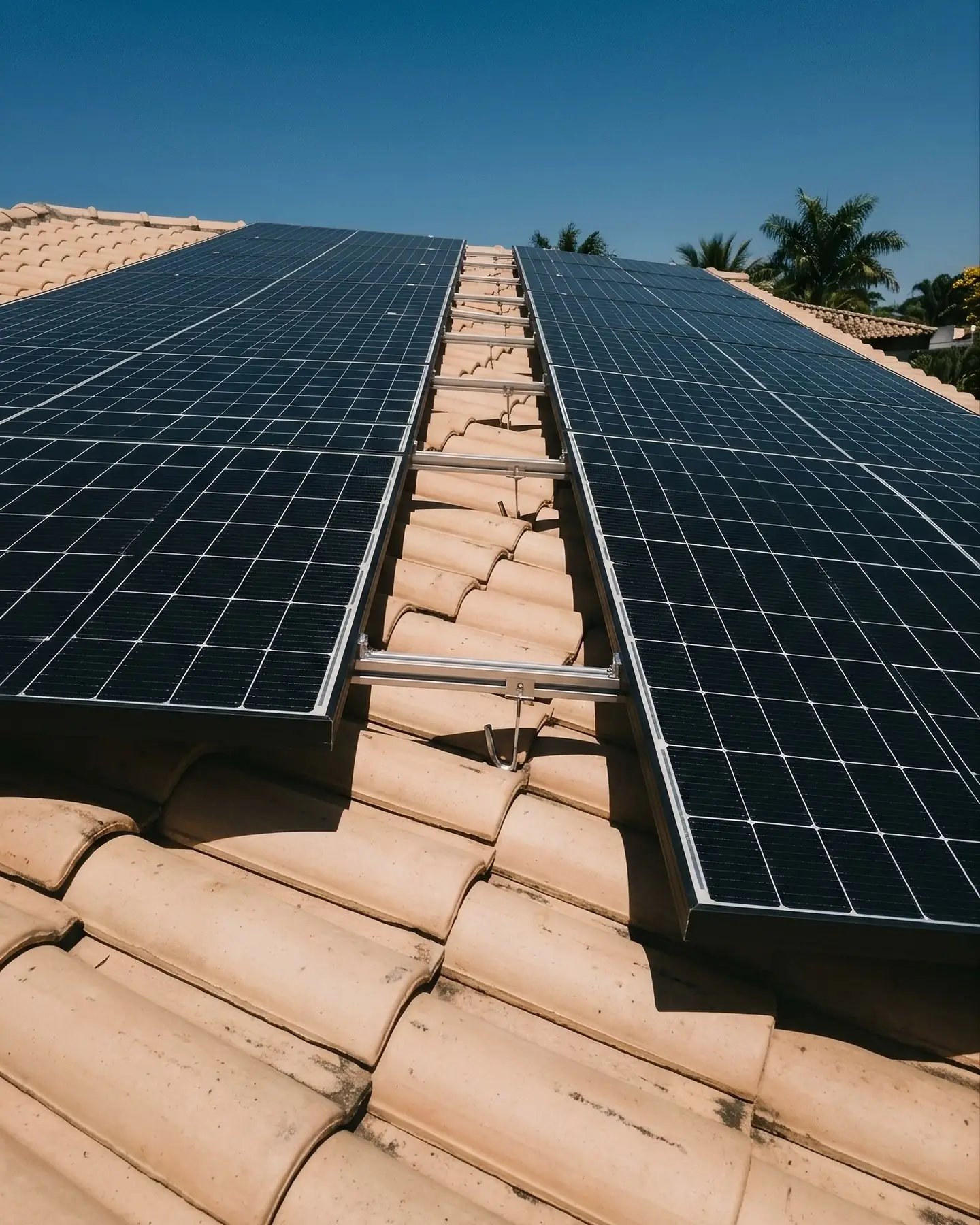 Detalhe de módulos fotovoltaicos assentados sobre telha cerâmica, com os trilhos de alumínio da estrutura de fixação visíveis entre as fileiras.