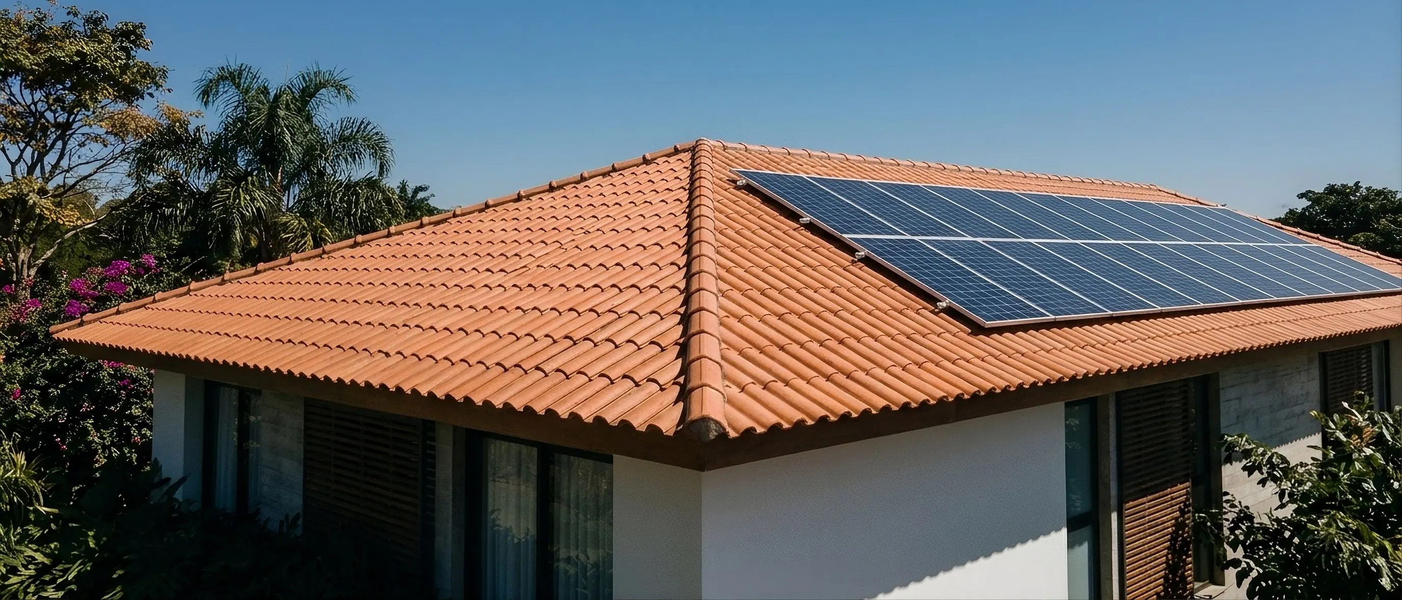 Telhado de telha cerâmica de uma casa contemporânea sob sol de meio-dia, com módulos fotovoltaicos assentados na água voltada para o norte.